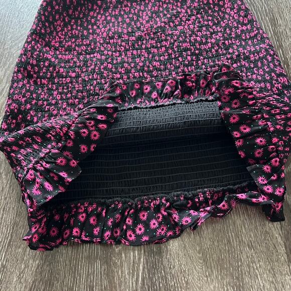 The Kooples Ditsy Flower Black Pink Floral Smocked Mini Skirt Size 1 Ruffle Hem - Picture 4 of 16
